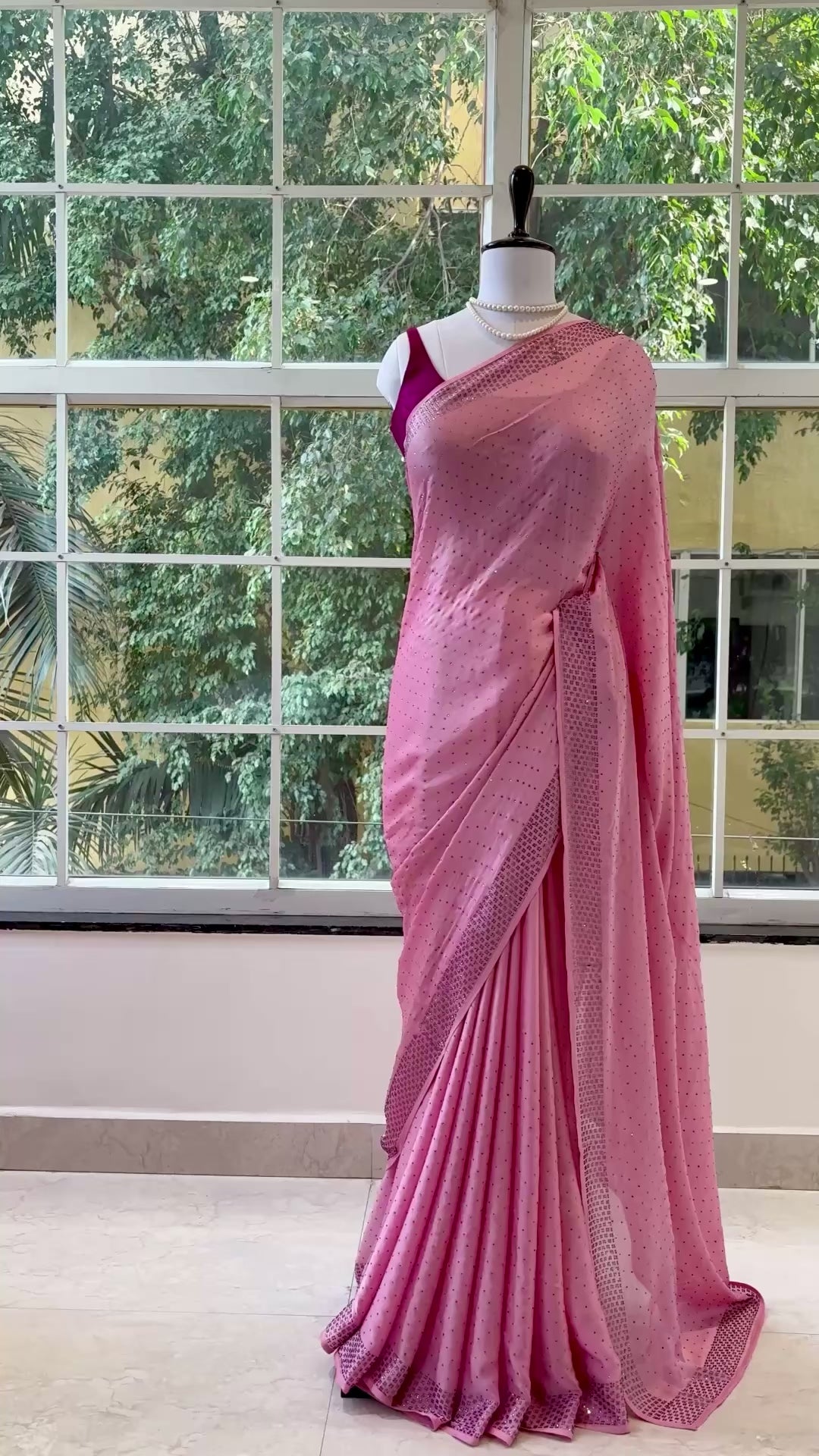 Pink swarovski satin saree
