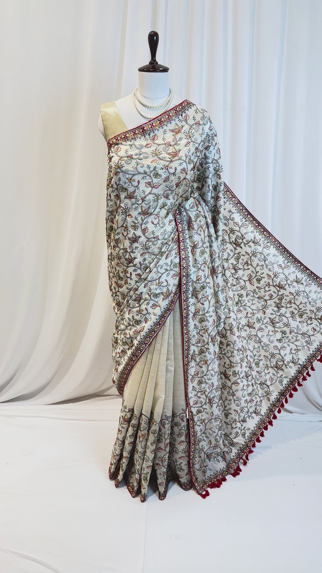 Cream cotton linen embroidered saree