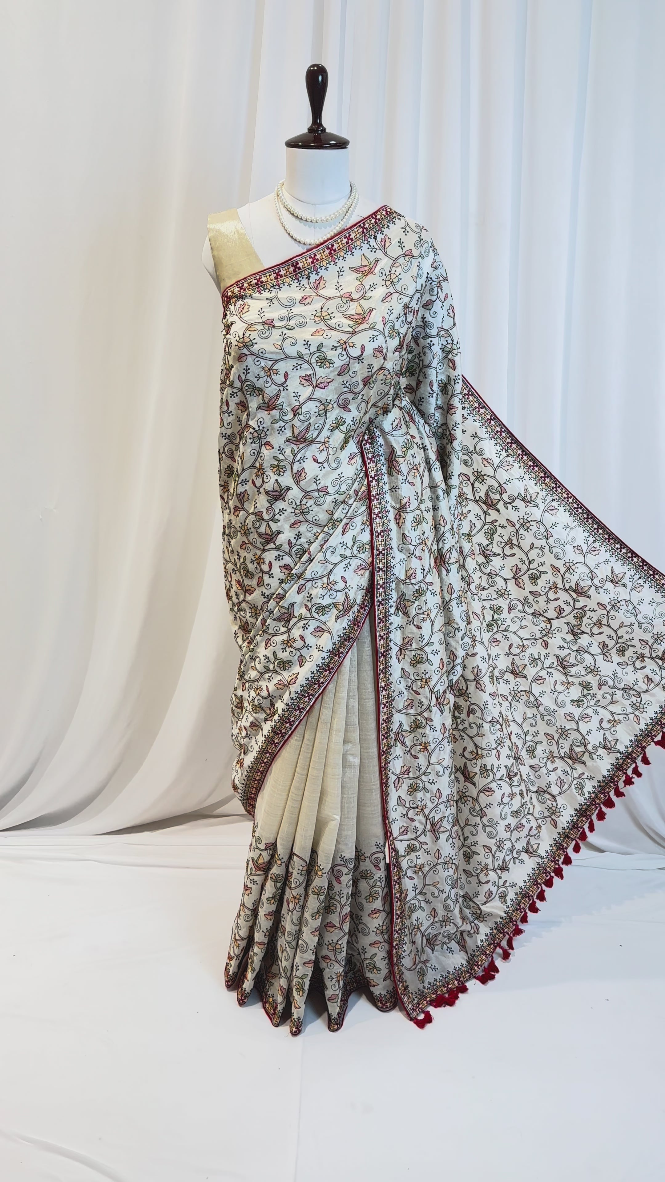 Cream cotton linen embroidered saree