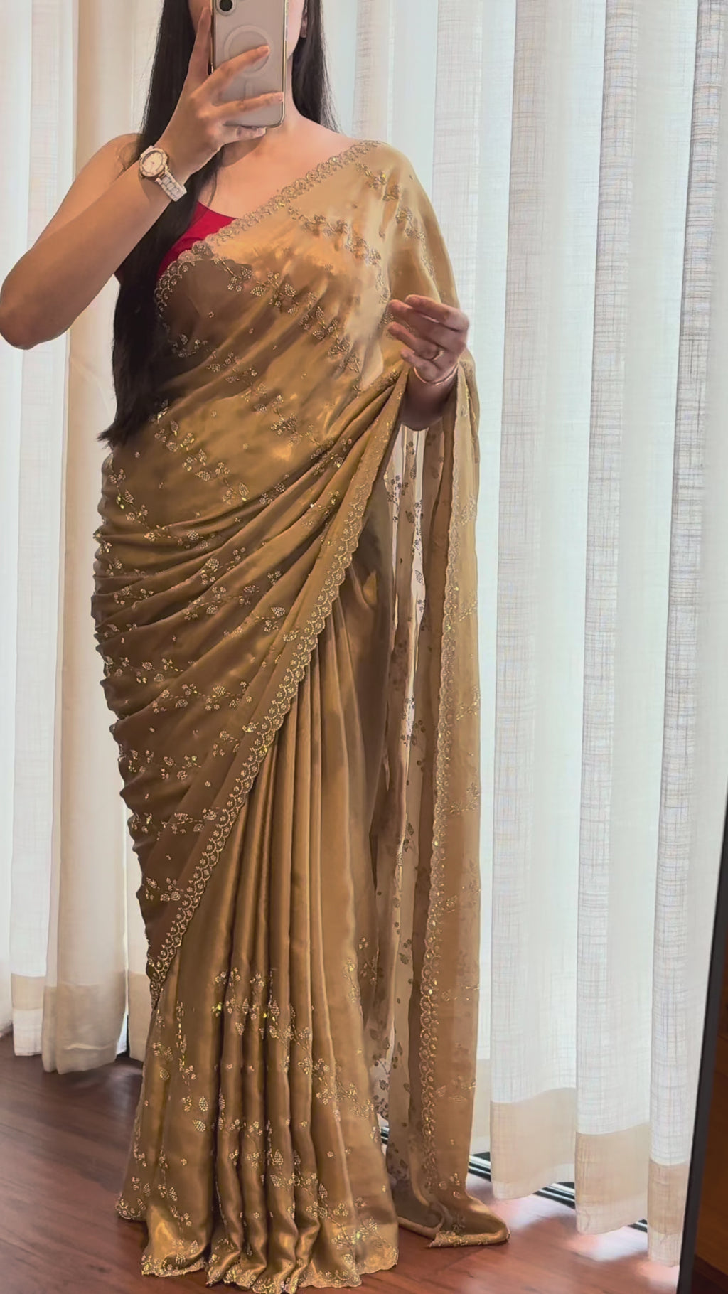 Golden shimmer satin saree