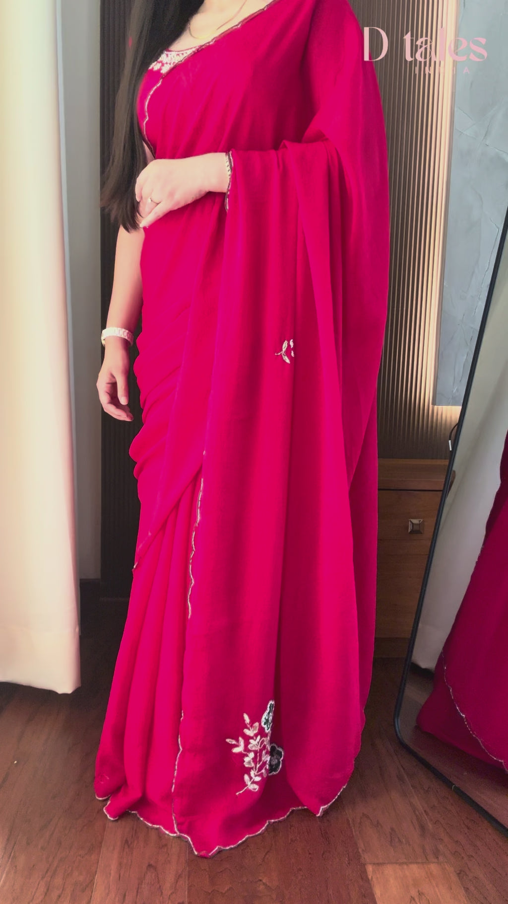 Crushed chiffon embellished saree - Cherry pink