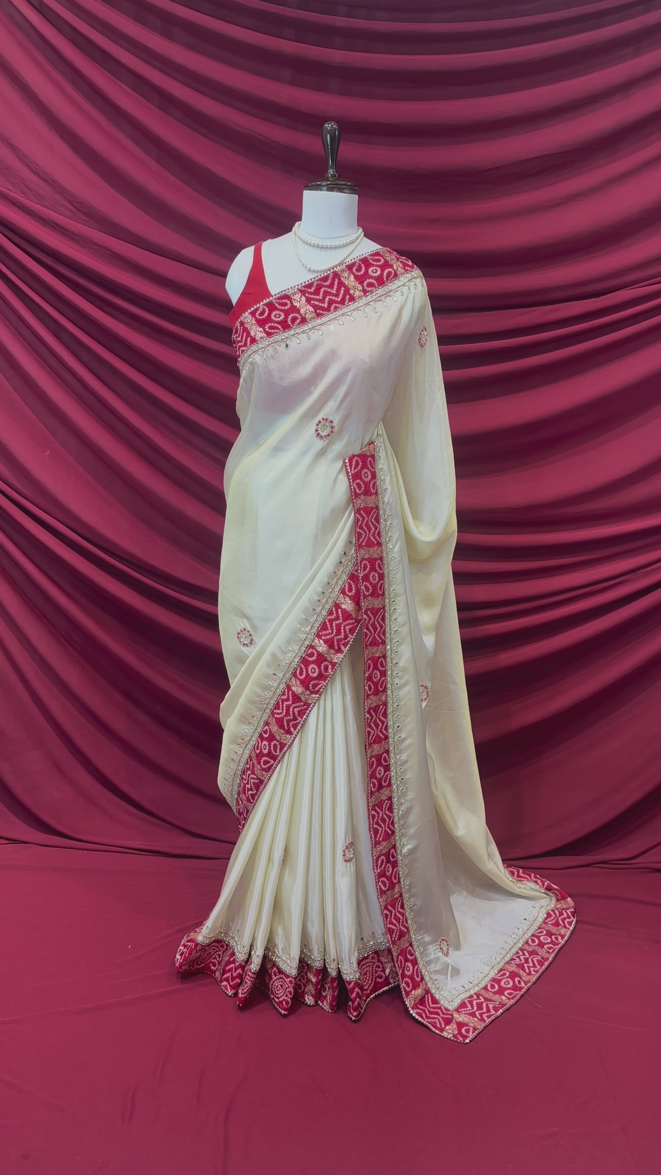 Golden red soft tissue mirror work saree