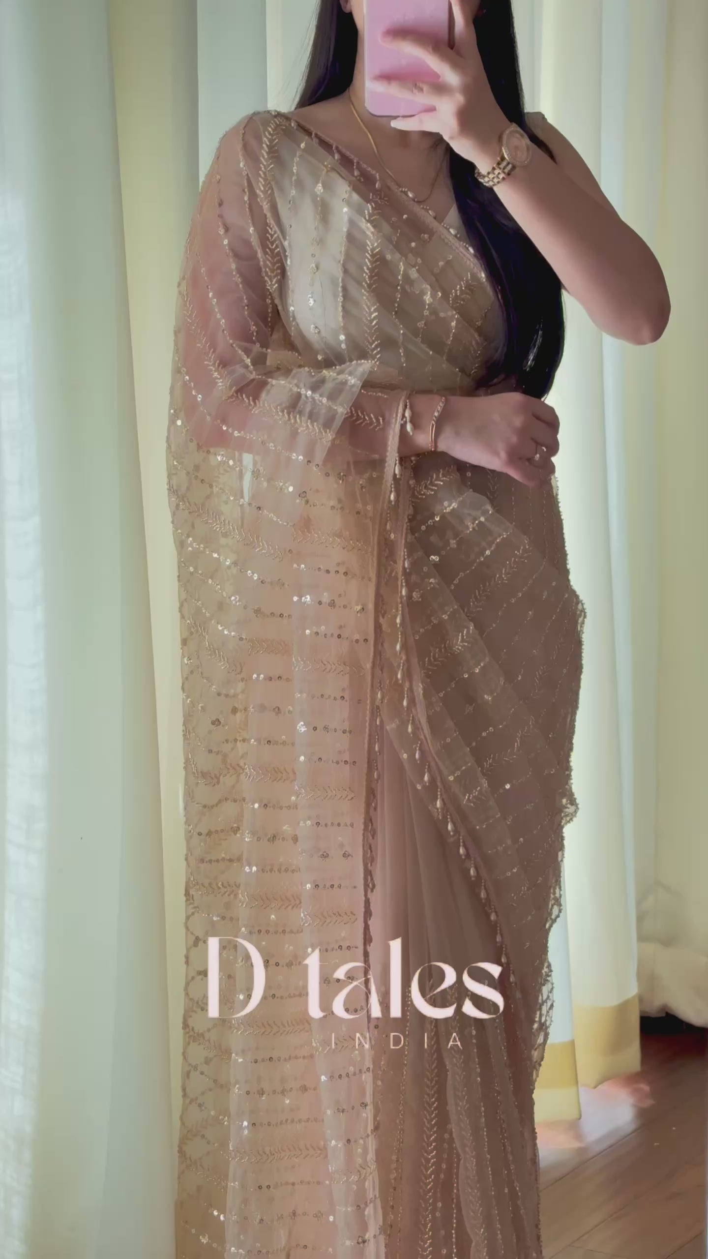 Premium net pearl embellished shimmer saree - Golden