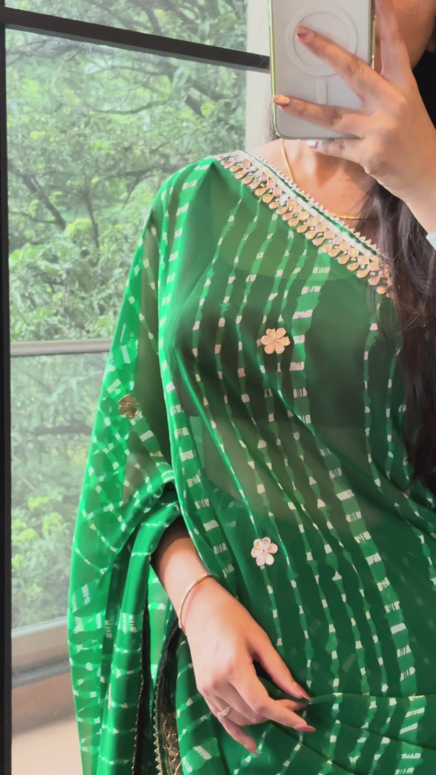 Georgette bandhani print gotta work saree - Bottle Green