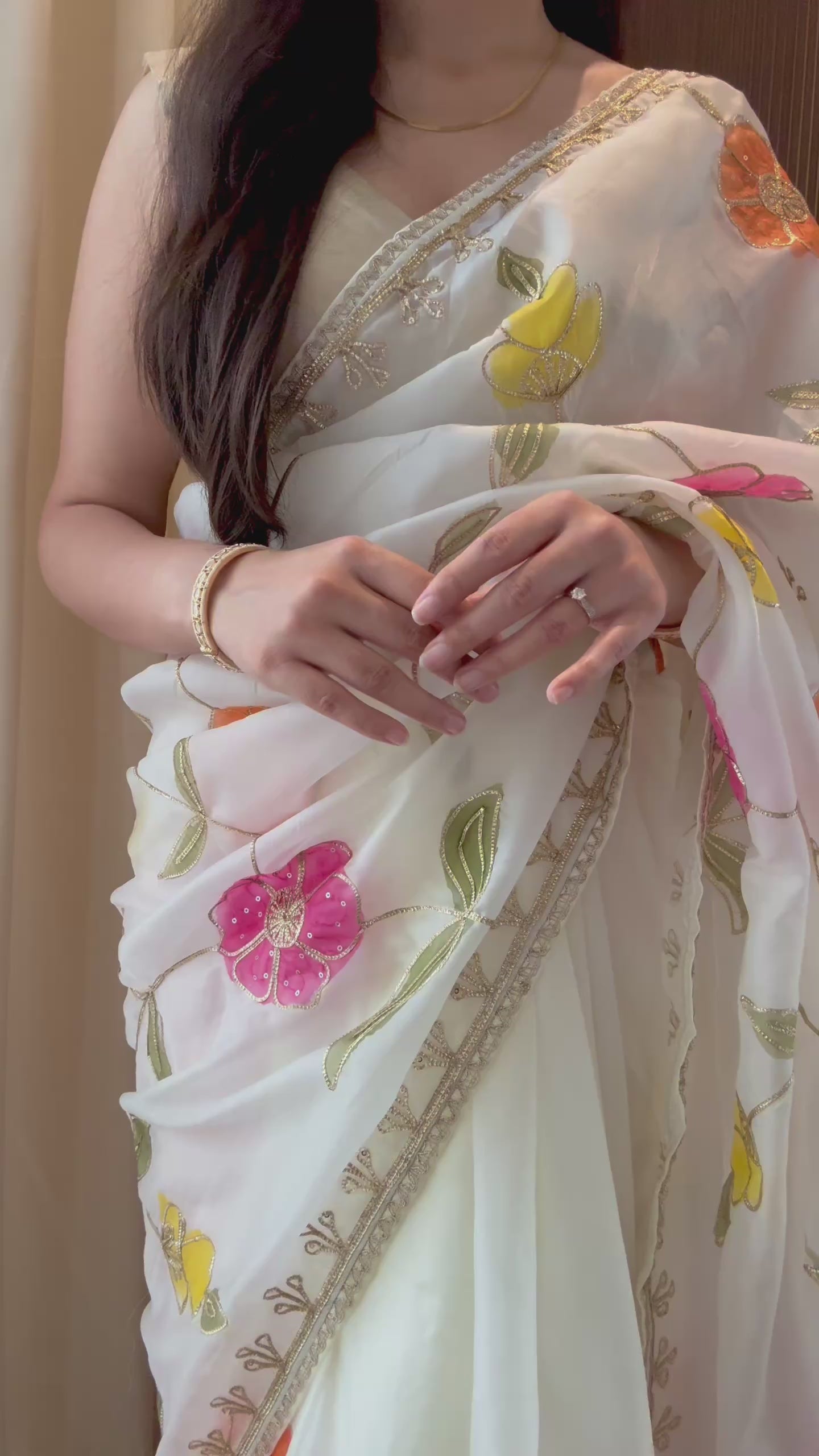 White floral multicolour organza saree