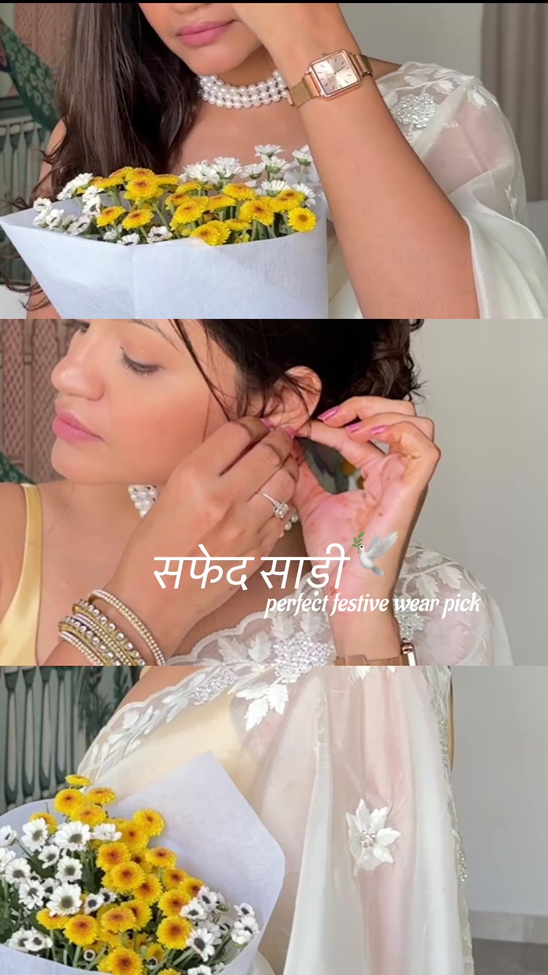 White threadwork embellished scallop saree