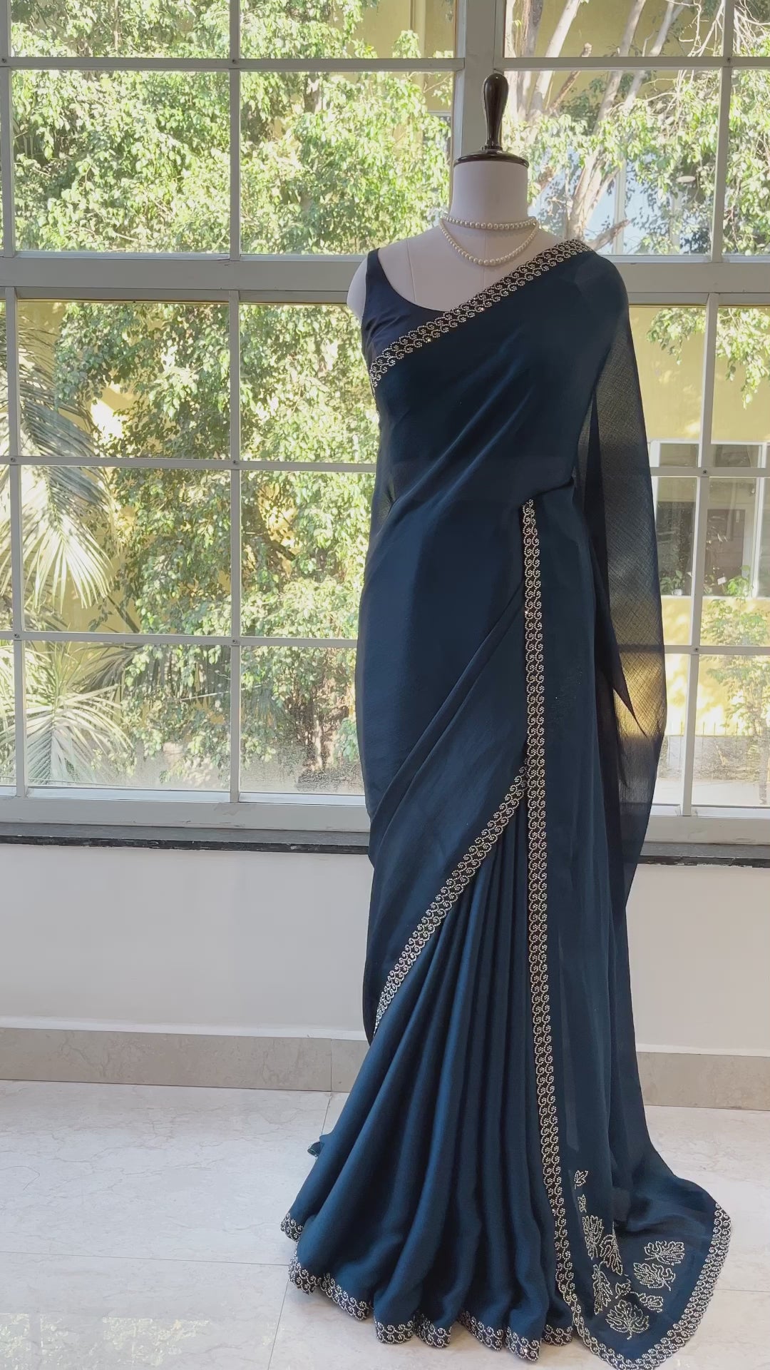 Swarovski embellished Marble Chiffon Saree - Navy Blue