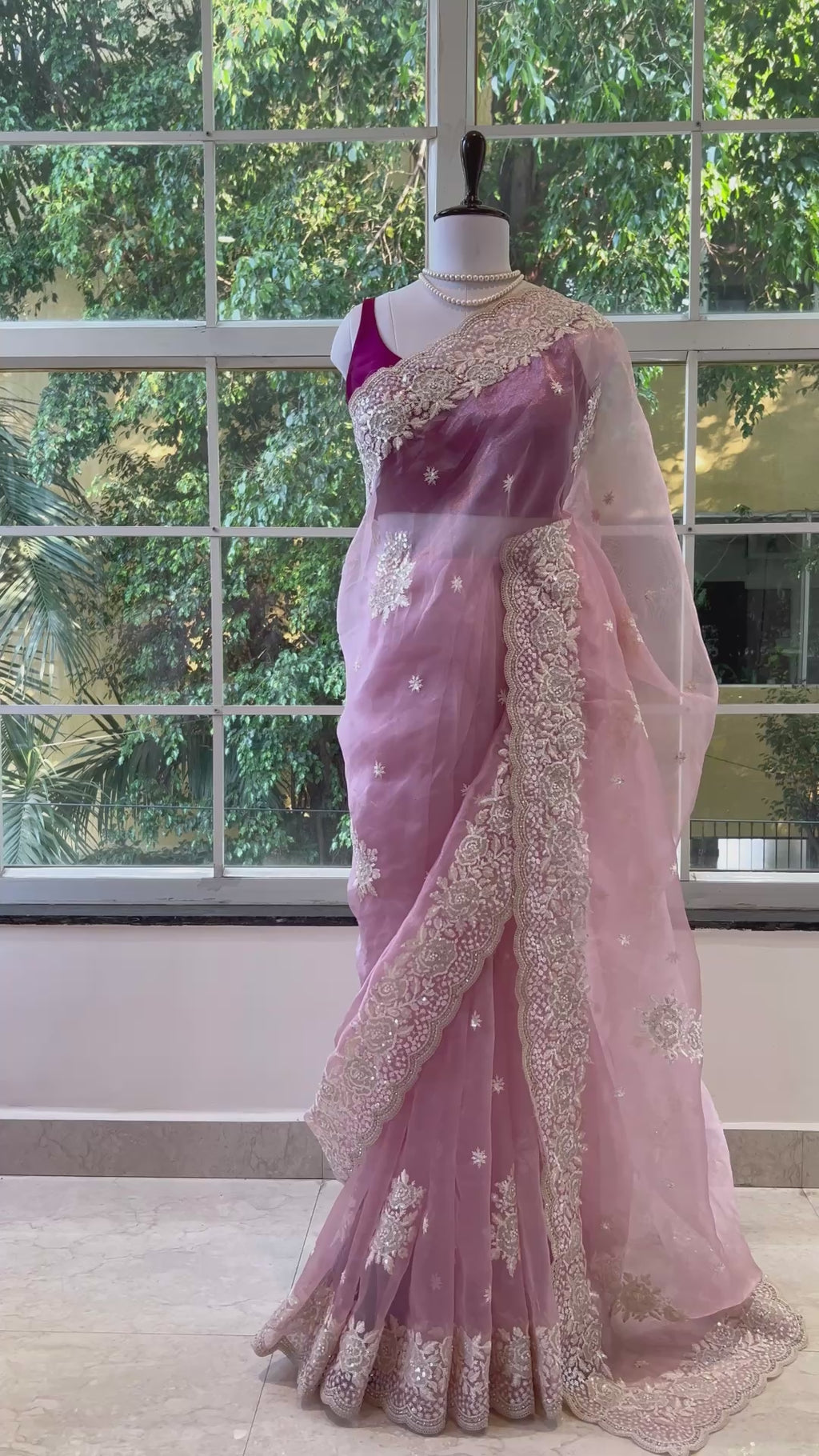 Baby pink pearls organza saree