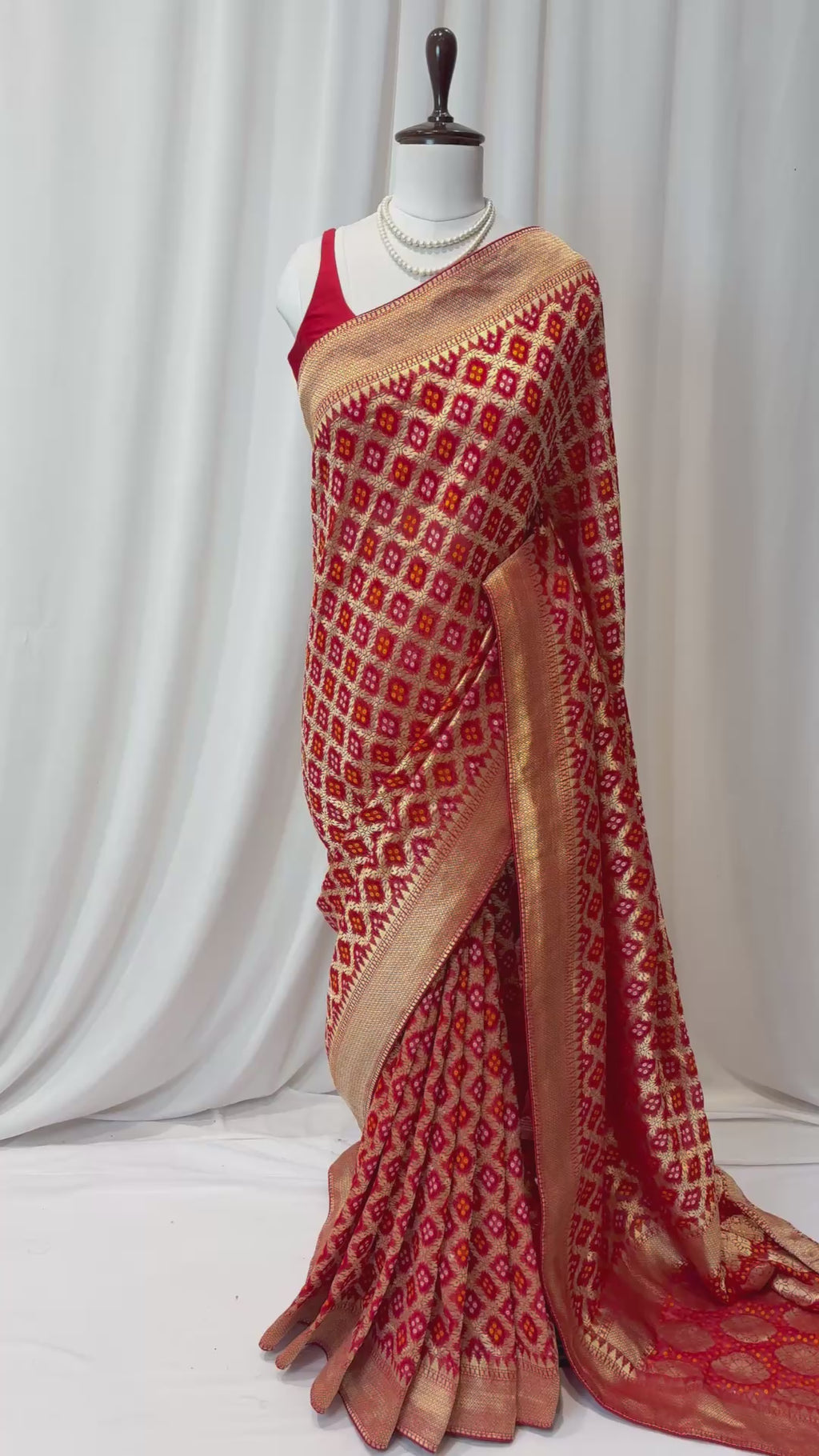 Red georgette zari bandhej saree