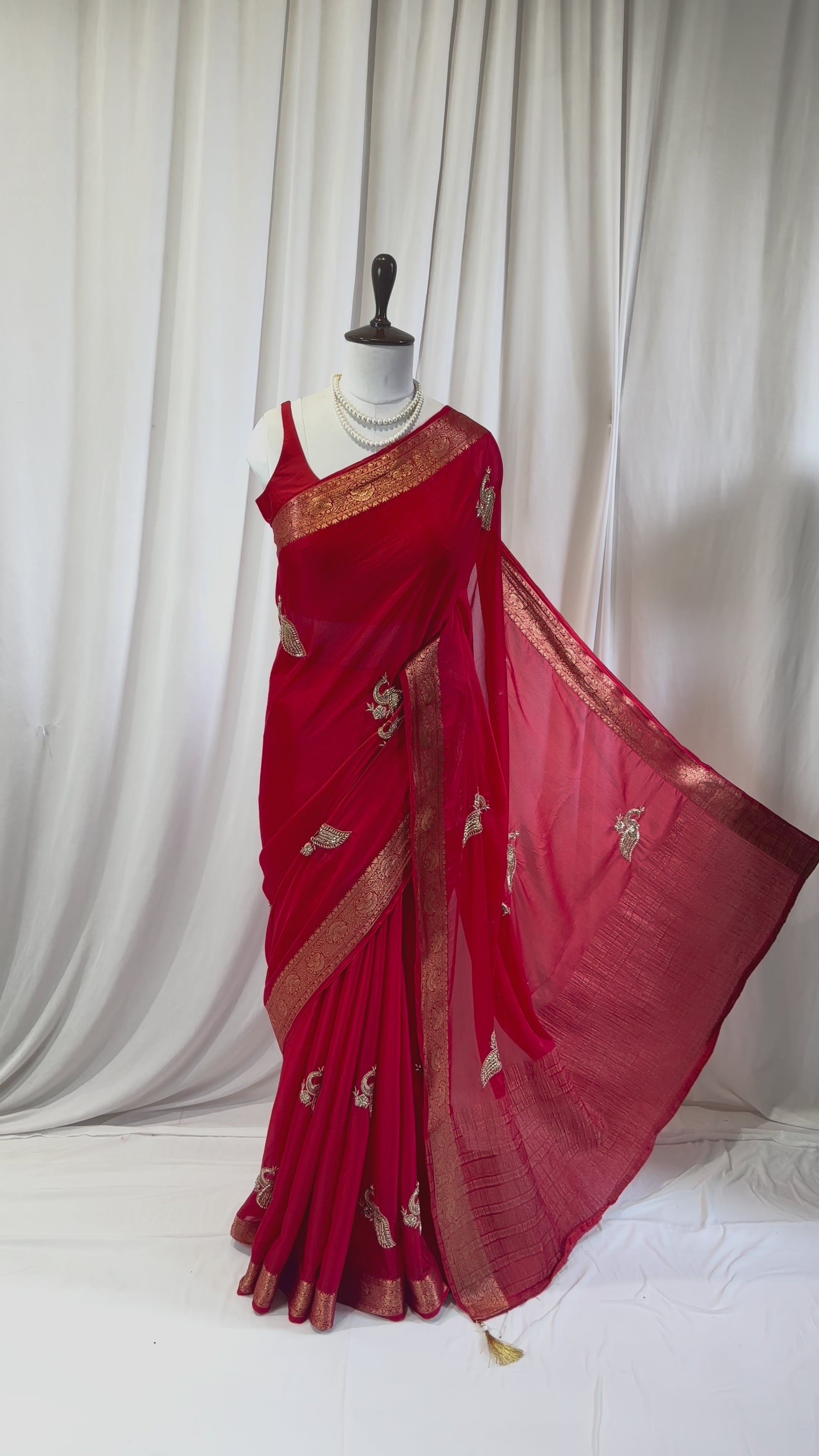 Peacock embellished zari chiffon saree - Red