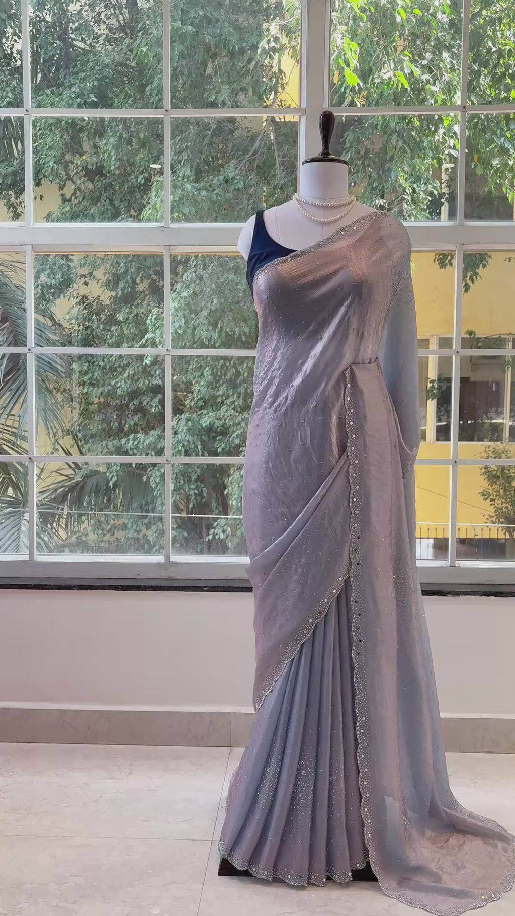 Swarovski shimmer satin saree - Grey